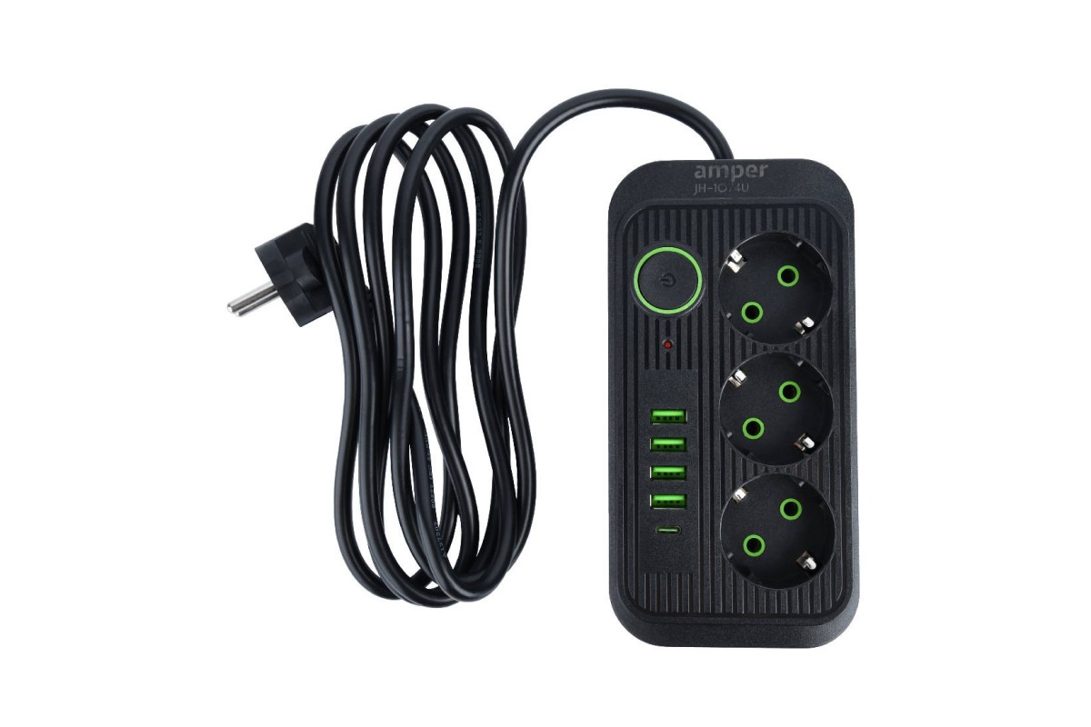 Сетевой фильтр Amper 4,0м, 3 розетки, 3*0,75мм, 10А, 2500 Вт, 4usb, 1Type-C, черный. JH-1074U-4B Сетевой фильтр Amper 4,0м, 3 розетки, 3*0,75мм, 10А, 2500 Вт, 4usb, 1Type-C, черный. JH-1074U-4B