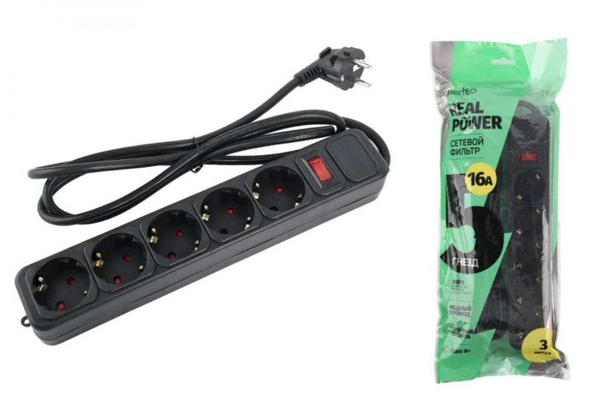Сетевой фильтр Perfeo "REAL  POWER", 3,0м, 5 розеток, 16А, 3500 Вт, тройная защита, черный. PF_E1501