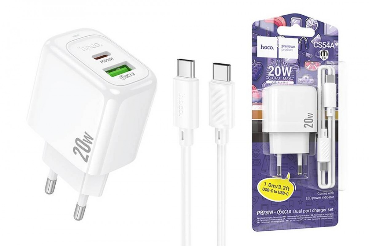 Сетевое зарядное устройство USB + USB-C + кабель Type-C HOCO CS54A Surplus PD20W+QC3.0 (белый)