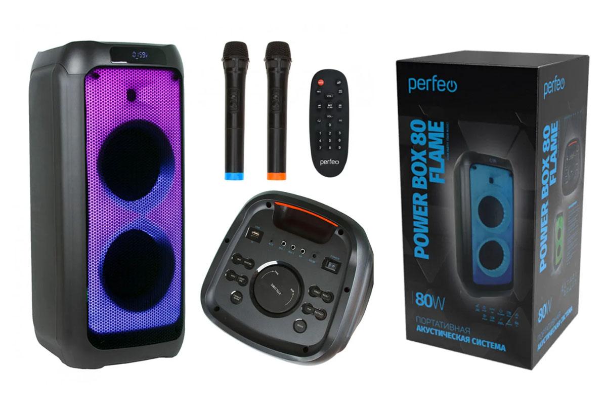 Perfeo портативная акустическая система “Power Box 80 Flame” + 2 беспроводных микрофона