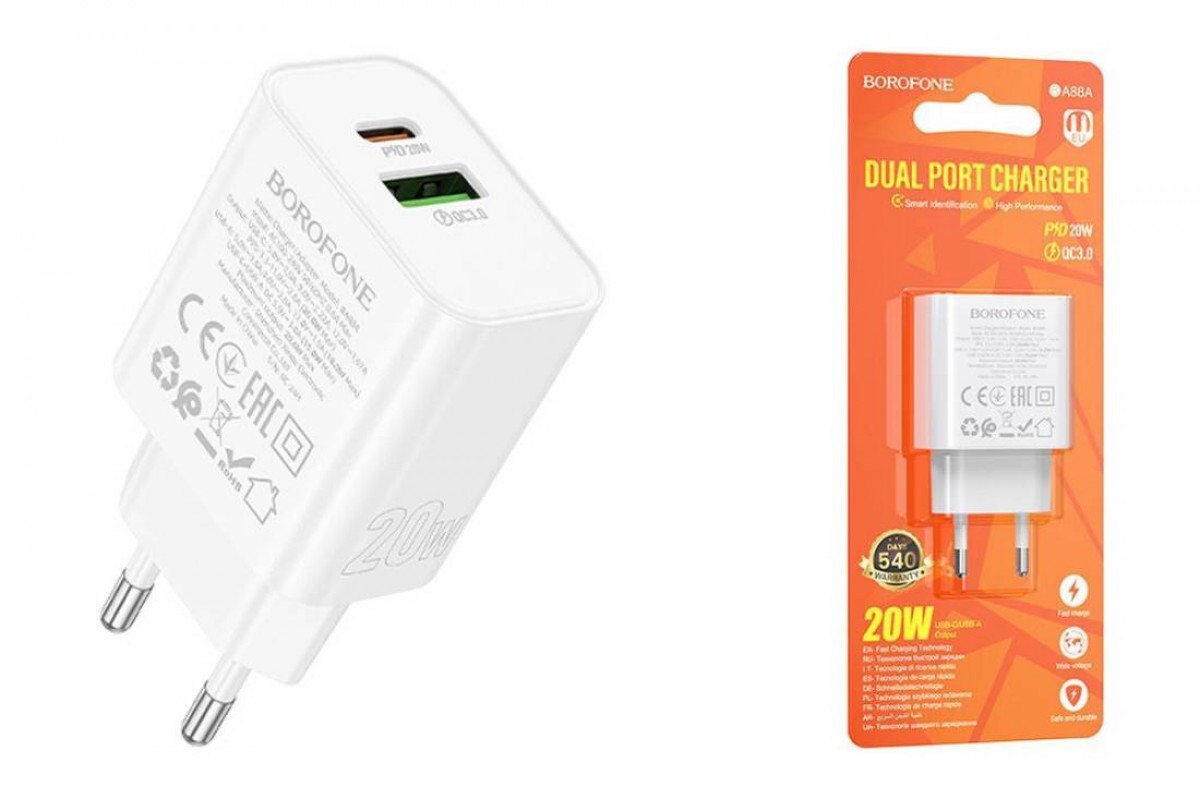 Сетевое зарядное устройство USB-C BOROFONE BA88A PD20W QC3.0 (белый) Сетевое зарядное устройство USB-C BOROFONE BA88A PD20W QC3.0 (белый)