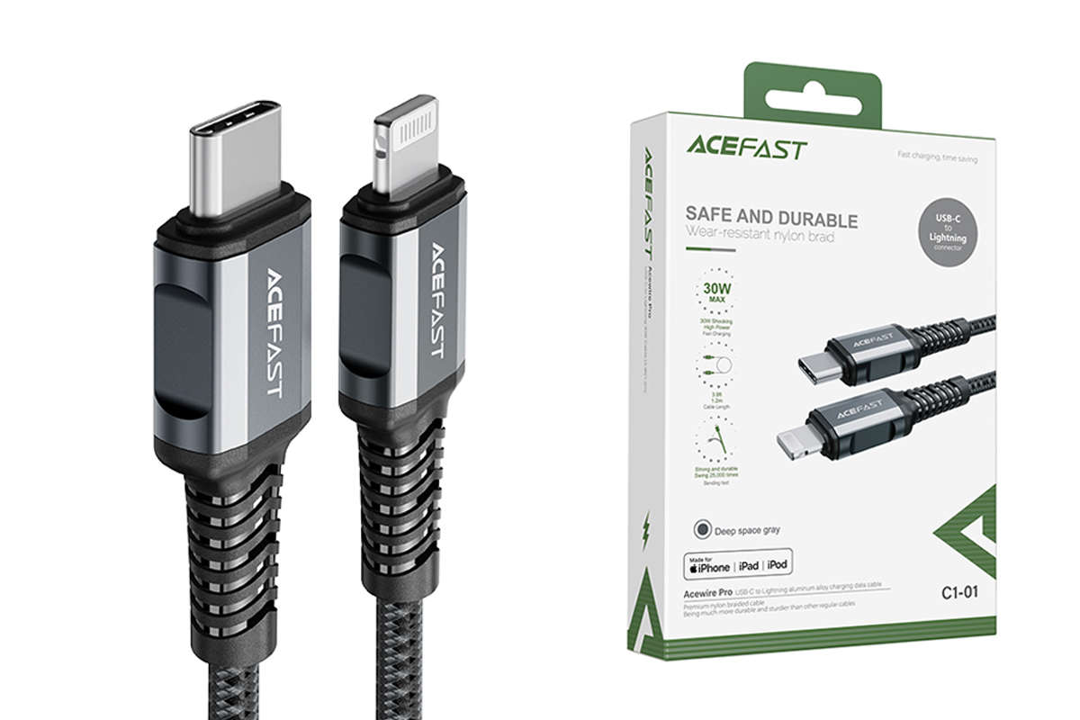 Кабель USB Type-C - Lightning ACEFAST C1-01, серый 1,2м (в оплетке)
