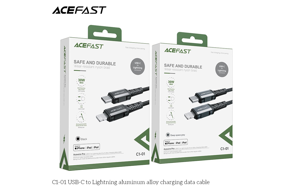 Кабель USB Type-C - Lightning ACEFAST C1-01, серый 1,2м (в оплетке)