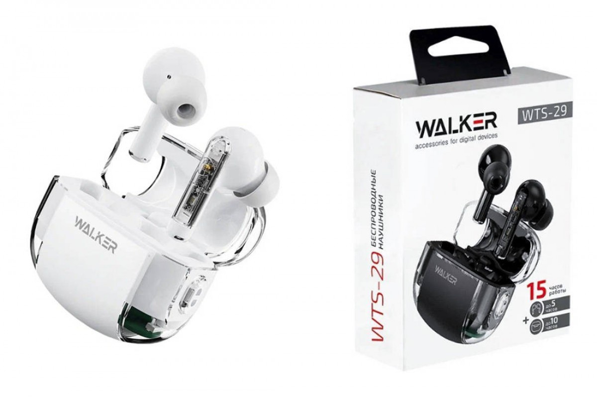 Наушники вакуумные беспроводные WALKER WTS-29, независ. работа наушников, белые
