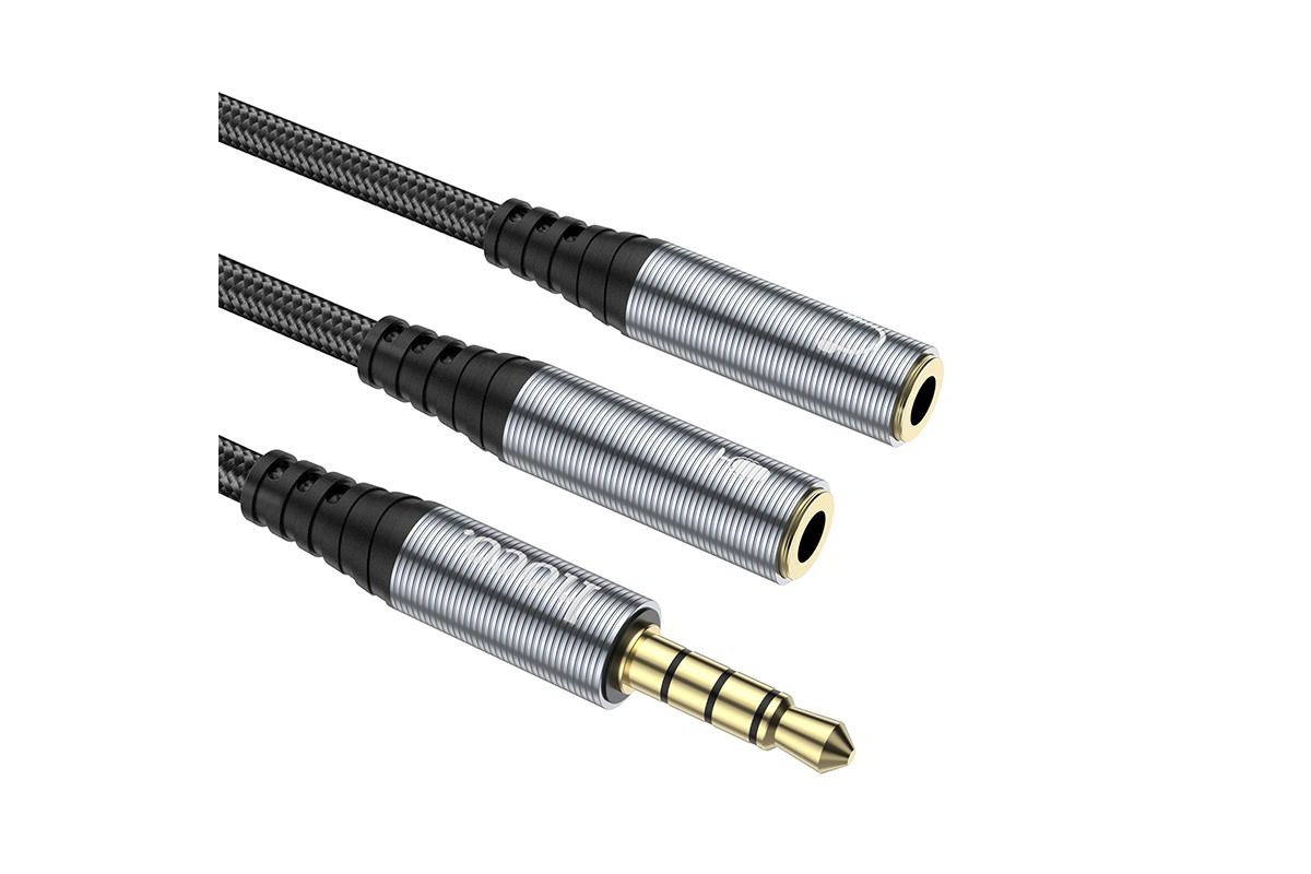 Кабель удлинитель HOCO UPA21 AUX  2 в1 audio cable (вход 3.5 мм на 2 выхода 3,5 мм) 1 метр серый