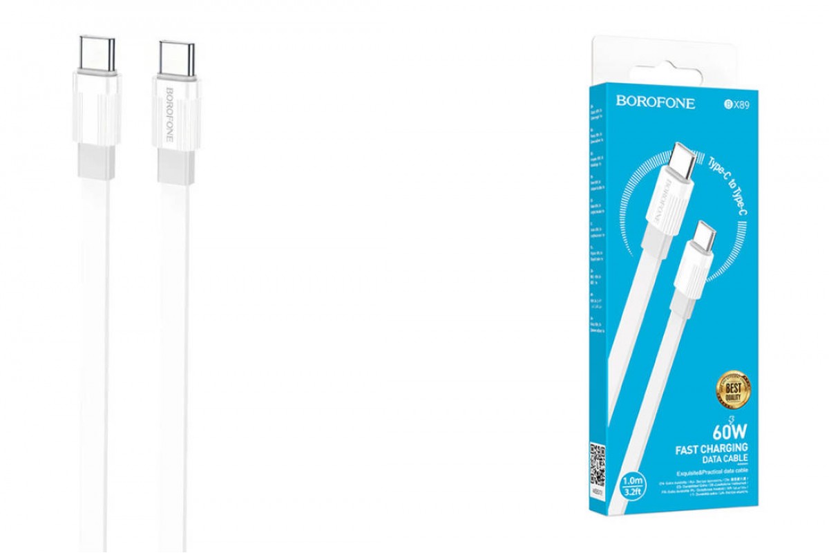 Кабель USB Type-C - USB Type-C BOROFONE BX89 1 метр, 60W, 3A, ПВХ, бело-серый (360)