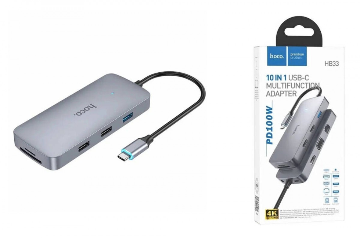 Адаптер мультихаб HOCO HB33 Type-C на HDTV+PD+USB3.0+2xUSB2.0+SD+TF+RJ45+VGA+AUX, 0.13 метра, серый металлик