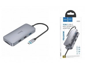 Адаптер мультихаб HOCO HB33 Type-C на HDTV+PD+USB3.0+2xUSB2.0+SD+TF+RJ45+VGA+AUX, 0.13 метра, серый металлик