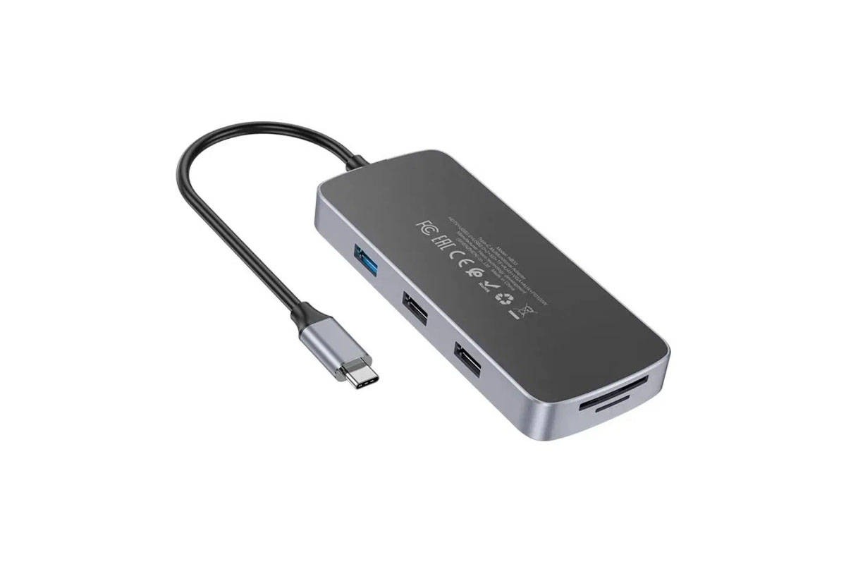 Адаптер мультихаб HOCO HB33 Type-C на HDTV+PD+USB3.0+2xUSB2.0+SD+TF+RJ45+VGA+AUX, 0.13 метра, серый металлик