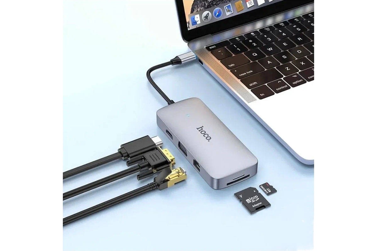 Адаптер мультихаб HOCO HB33 Type-C на HDTV+PD+USB3.0+2xUSB2.0+SD+TF+RJ45+VGA+AUX, 0.13 метра, серый металлик