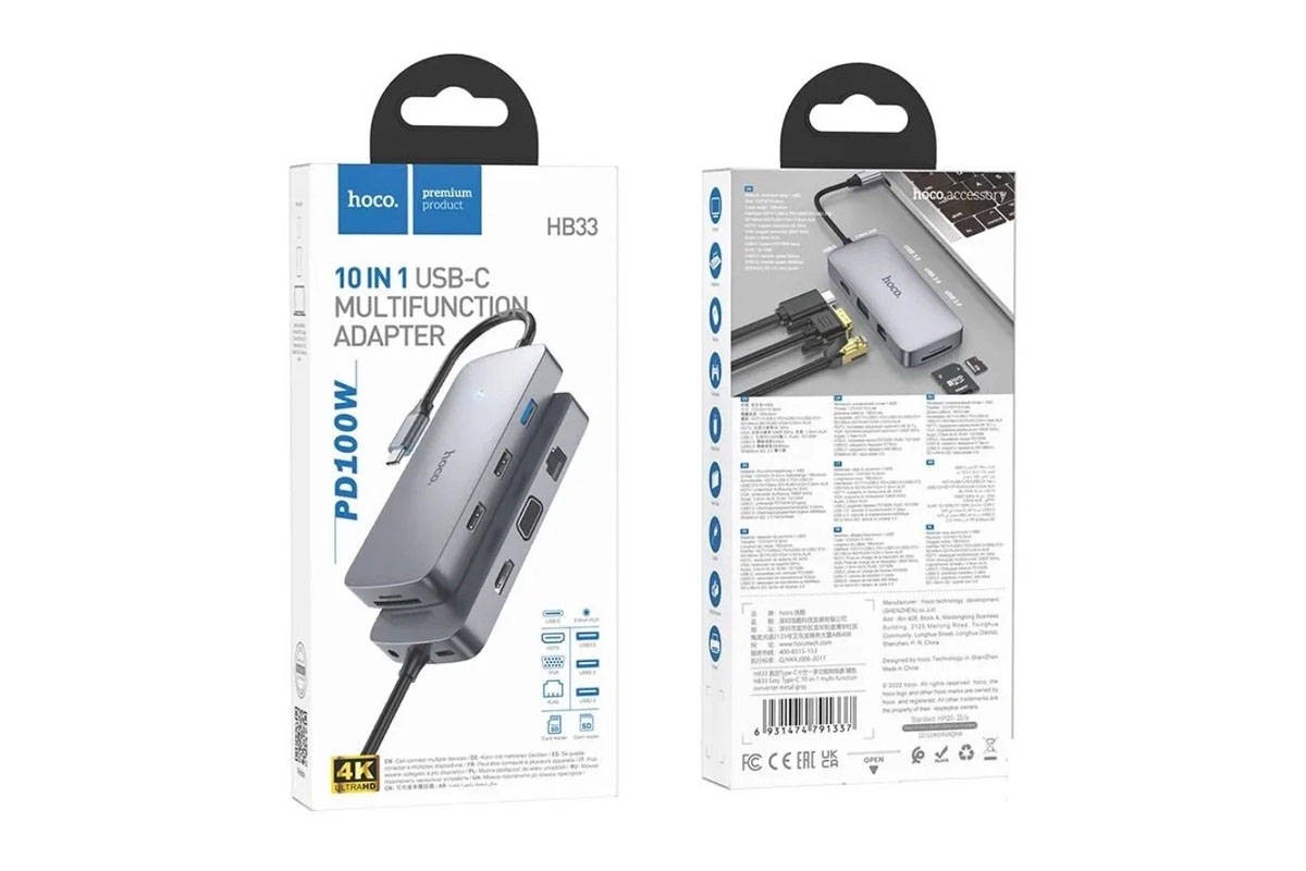 Адаптер мультихаб HOCO HB33 Type-C на HDTV+PD+USB3.0+2xUSB2.0+SD+TF+RJ45+VGA+AUX, 0.13 метра, серый металлик