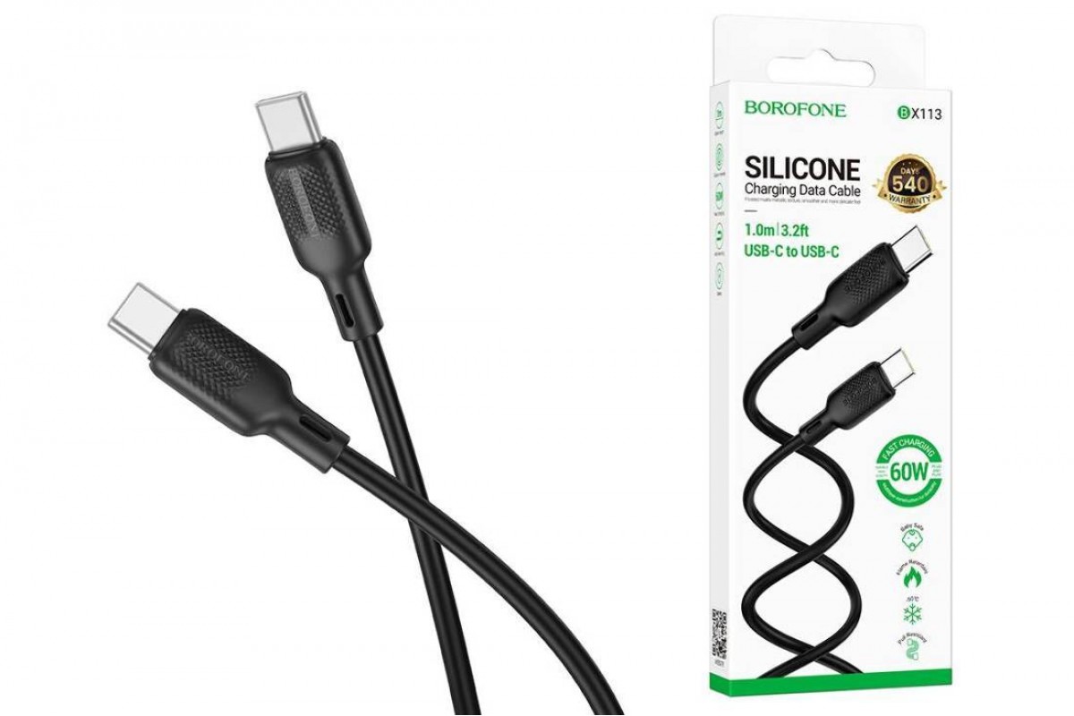 Кабель USB Type-C - USB Type-C BOROFONE BX113 Lenny 60W (черный) 1м силиконовый