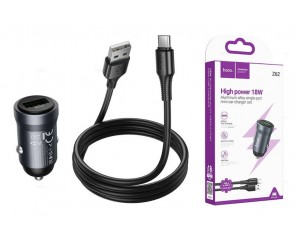 Автомобильное зарядное устройство АЗУ USB + кабель Type-C HOCO Z62 Energy (серый)