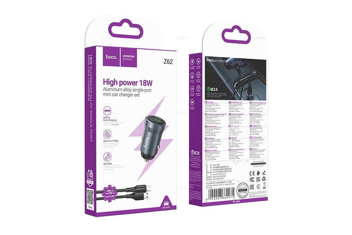 Автомобильное зарядное устройство АЗУ USB + кабель Type-C HOCO Z62 Energy (серый)