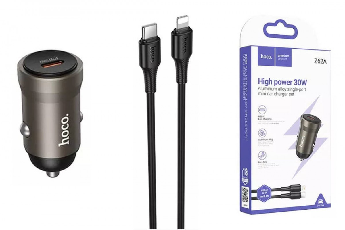 Автомобильное зарядное устройство АЗУ USB + кабель Type-C - Lightning HOCO Z62A Energy PD30W (серый)