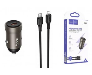 Автомобильное зарядное устройство АЗУ USB + кабель Type-C - Lightning HOCO Z62A Energy PD30W (серый)