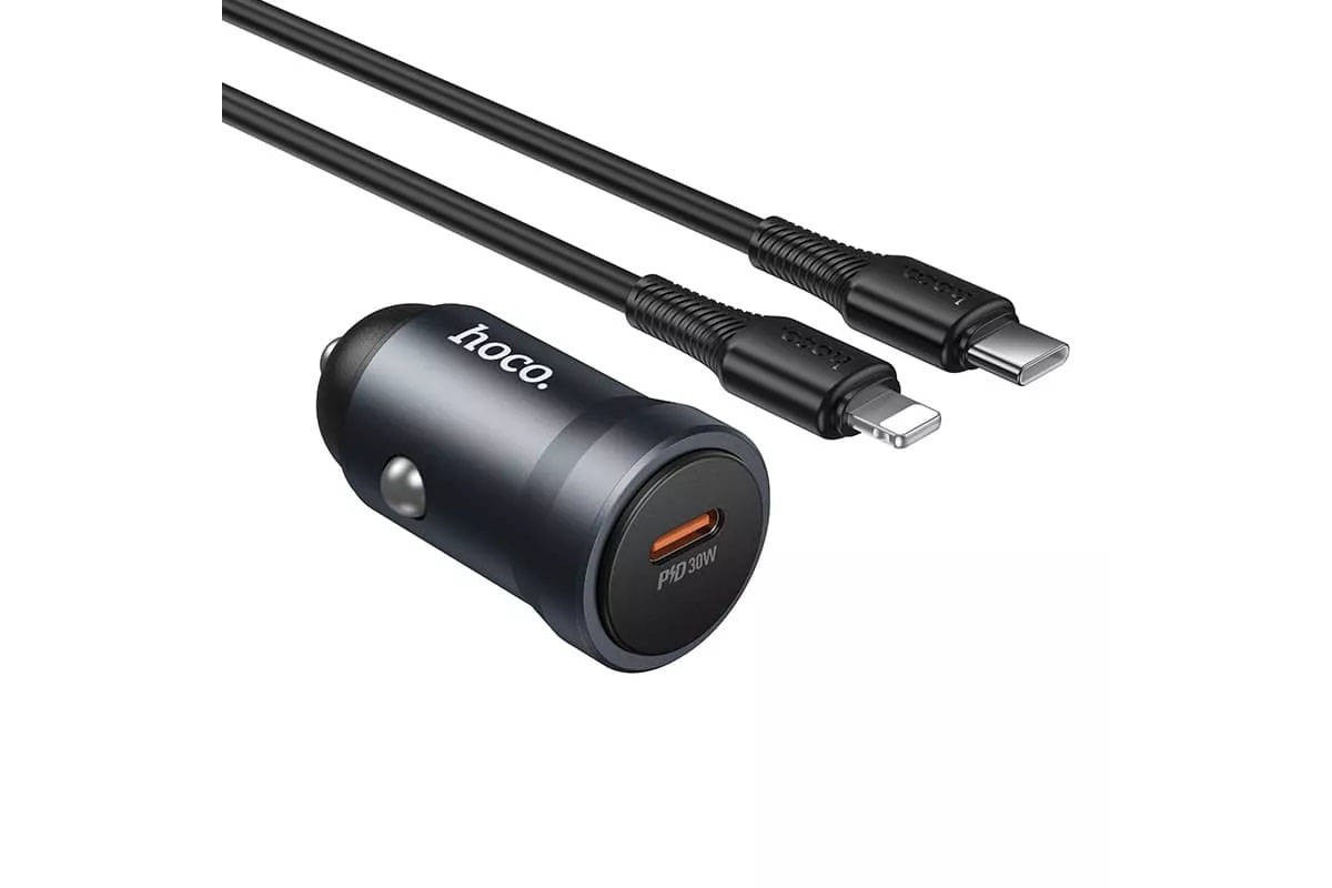 Автомобильное зарядное устройство АЗУ USB + кабель Type-C - Lightning HOCO Z62A Energy PD30W (серый)