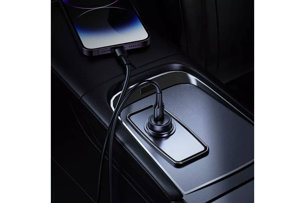 Автомобильное зарядное устройство АЗУ USB + кабель Type-C - Lightning HOCO Z62A Energy PD30W (серый)