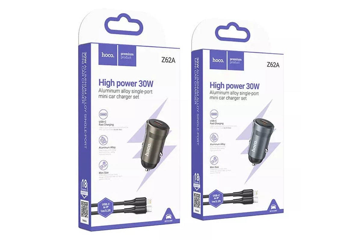 Автомобильное зарядное устройство АЗУ USB + кабель Type-C - Lightning HOCO Z62A Energy PD30W (серый)