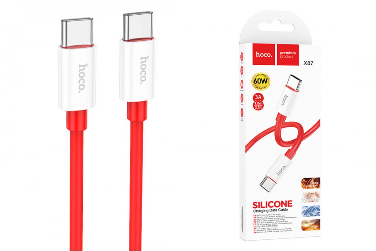 Кабель USB Type-C - USB Type-C HOCO X87 PD60W (красный) 1м (силиконовый)