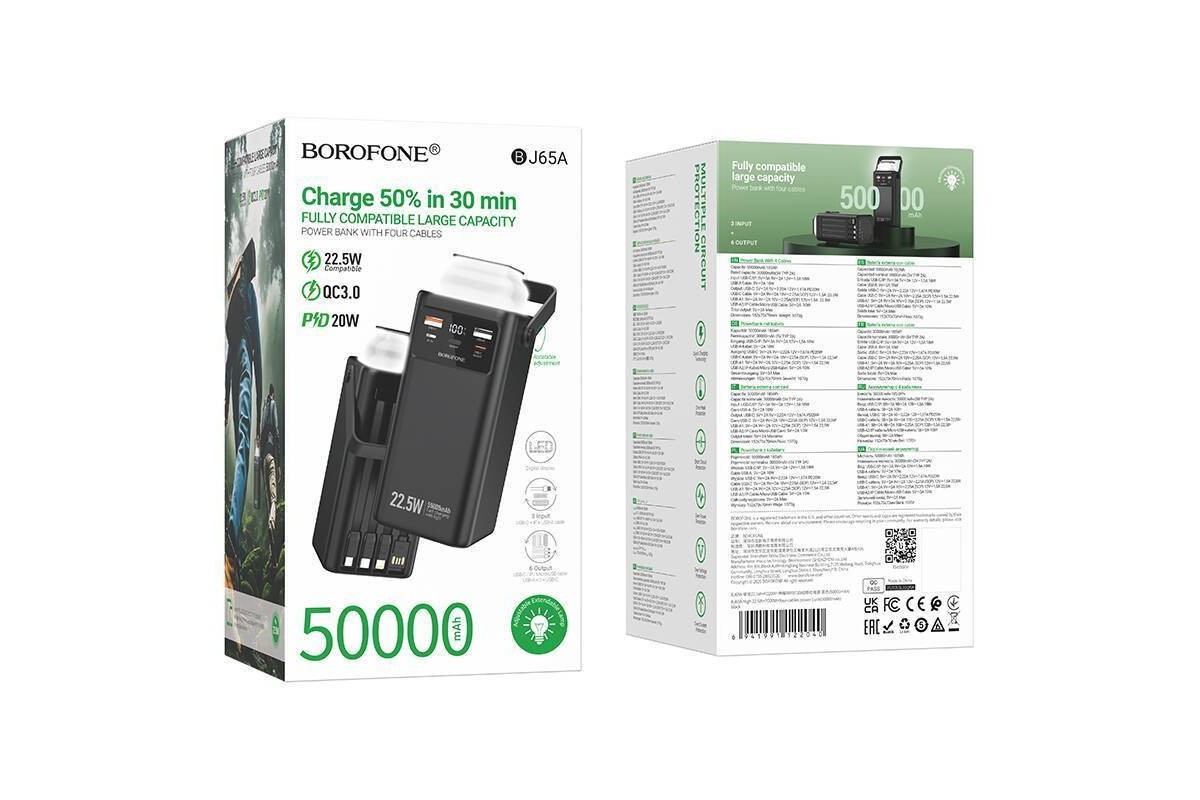 Универсальный дополнительный аккумулятор Power Bank BOROFONE BJ65A High 22.5W+PD20W four cables (50000mAh) (черный)