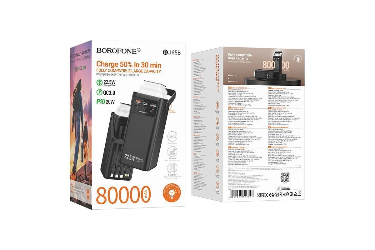 Универсальный дополнительный аккумулятор Power Bank BOROFONE BJ65B High 22.5W+PD20W four-cables (80000mAh) (черный) Универсальный дополнительный аккумулятор Power Bank BOROFONE BJ65B High 22.5W+PD20W four-cables (80000mAh) (черный)