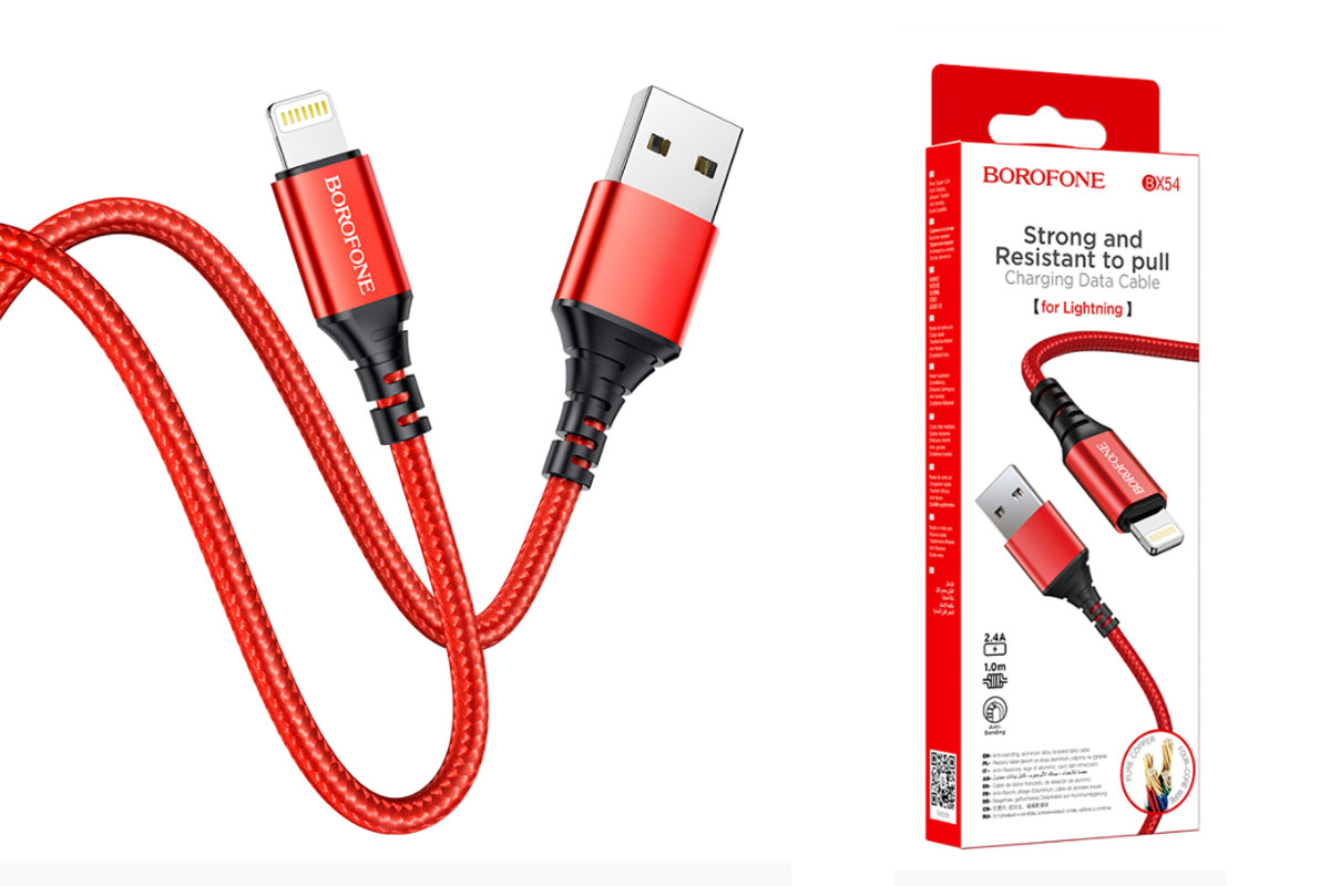 Кабель USB - Lightning BOROFONE BX54, 2,4A красный 1м (в оплетке)