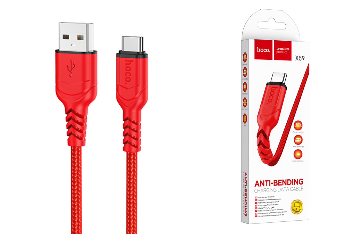Кабель USB - USB Type-C HOCO X59, 2A (красный) 1м (в оплетке, с усилением сгиба)