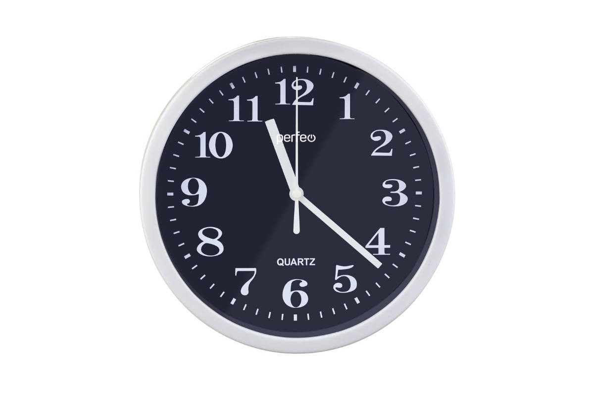 Настенные часы Perfeo "PF-WC-002"(С1), круглые д. 25 см, белый корпус / чёрный циферблат