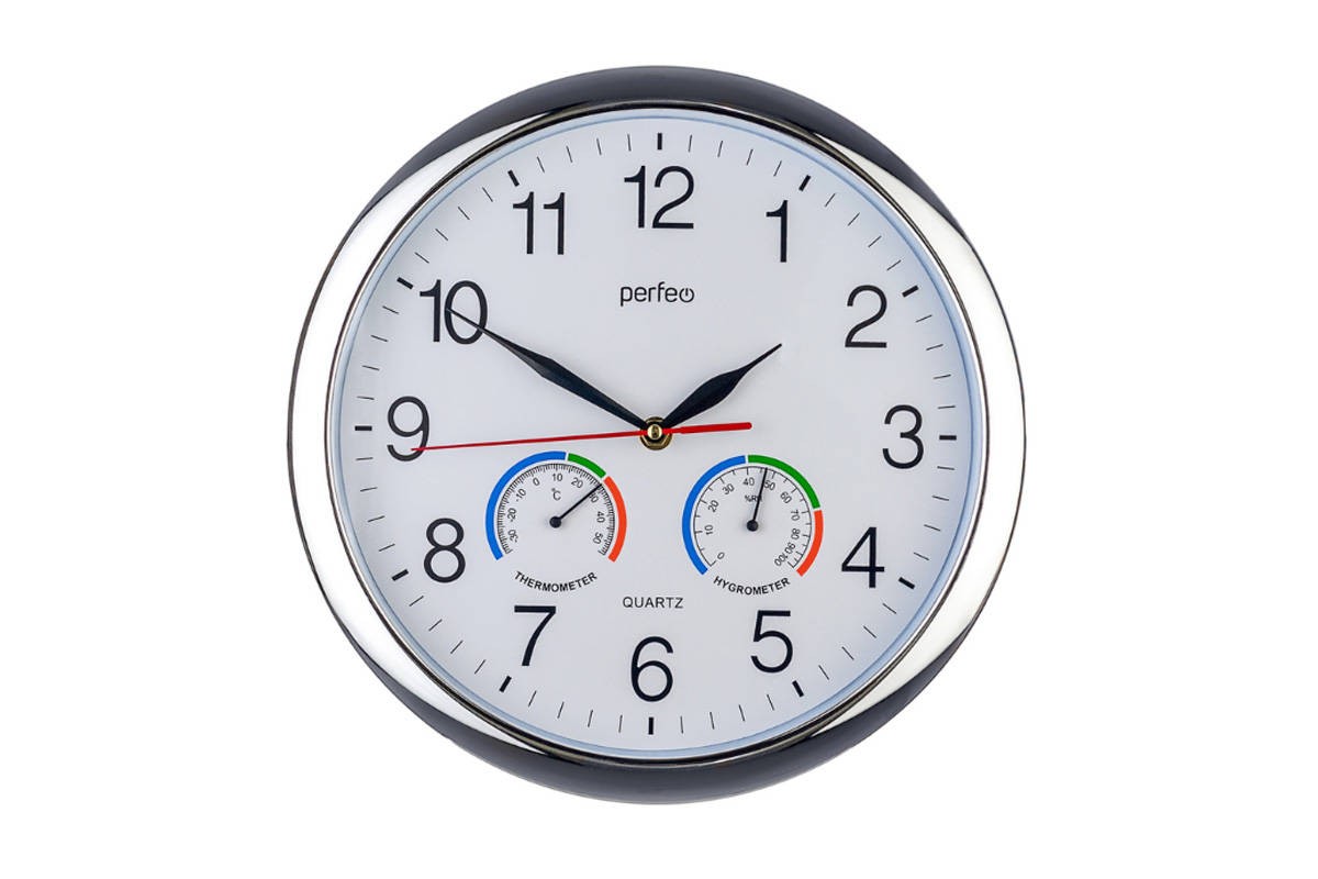 Настенные часы Perfeo "PF-WC-012", круглые д. 30 см, серебряный корпус / белый циферблат