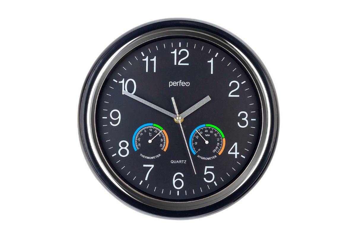 Настенные часы Perfeo "PF-WC-012", круглые д. 30 см, чёрный корпус / чёрный циферблат