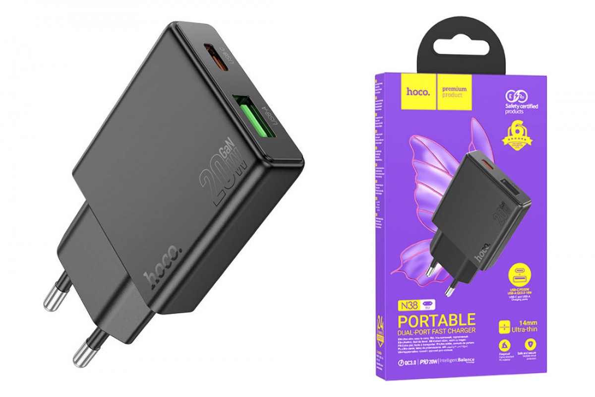 Сетевое зарядное устройство USB + USB-C HOCO N38 PD20W+ QC3.0 (черный)