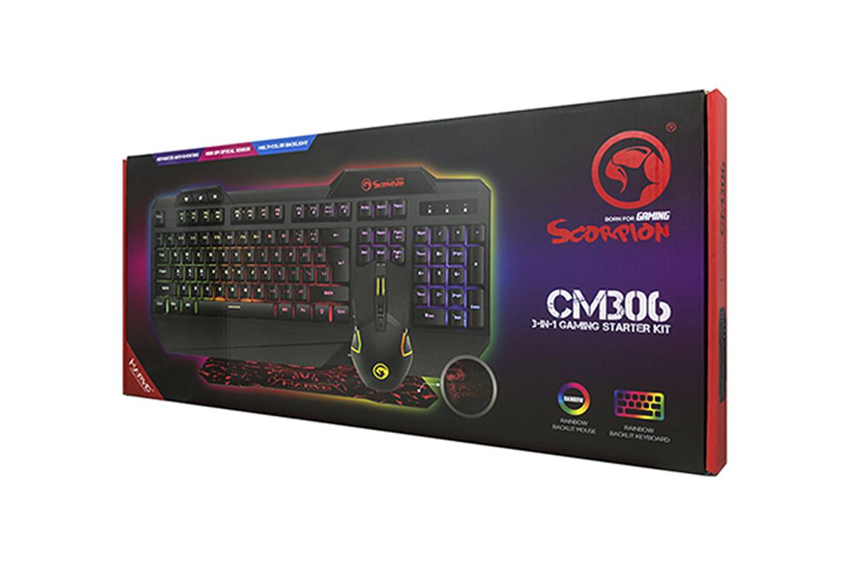 Комплект MARVO CM306: клавиатура игровая проводная,107кл +мышь игровая проводная,7кн +коврик, черный