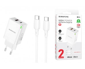 Сетевое зарядное устройство USB + USB-C + кабель Type-C BOROFONE BN16 Tough PD45W+QC 3.0 (белый)