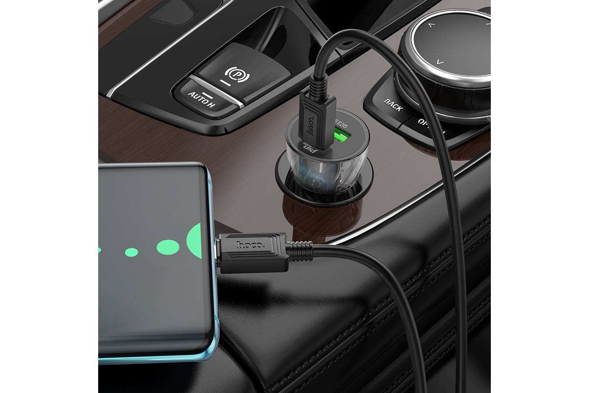 Автомобильное зарядное устройство АЗУ USB + Type-C HOCO Z47A Transperent PD30W+QC3.0 (черный прозрачный)