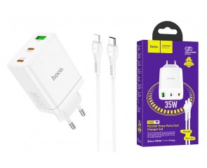 Сетевое зарядное устройство USB+2USB-C + кабель Type-C-Lightning HOCO N33 Powerful PD35W + QC3.0 (белый)