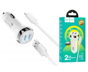 Автомобильное зарядное устройство АЗУ 2USB + кабель Lightning HOCO Z40 (белый)