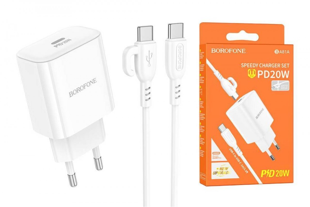 Сетевое зарядное устройство USB-C+ кабель Type-C - Type-C BOROFONE BA81A PD20W (белый)