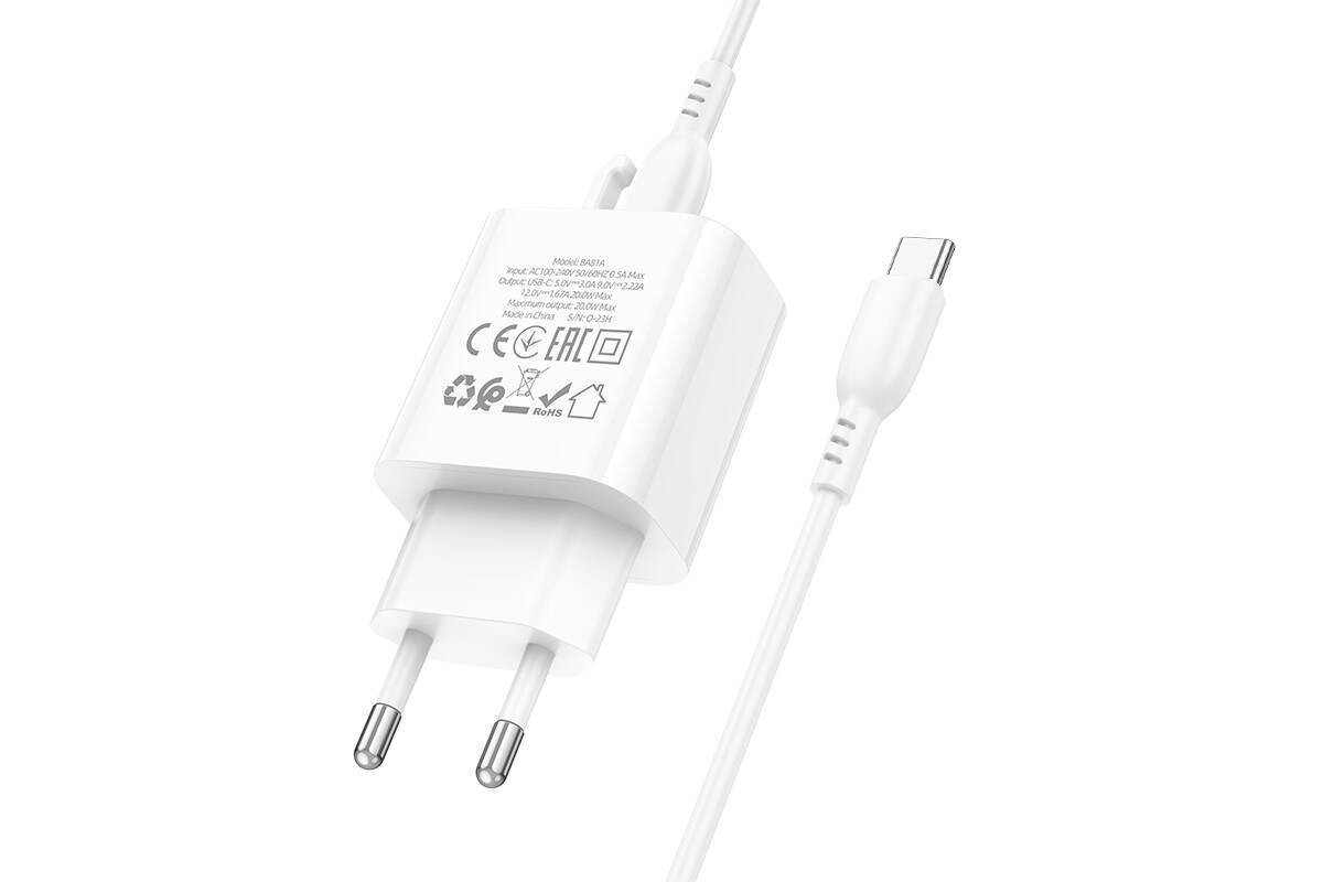 Сетевое зарядное устройство USB-C+ кабель Type-C - Type-C BOROFONE BA81A PD20W (белый)