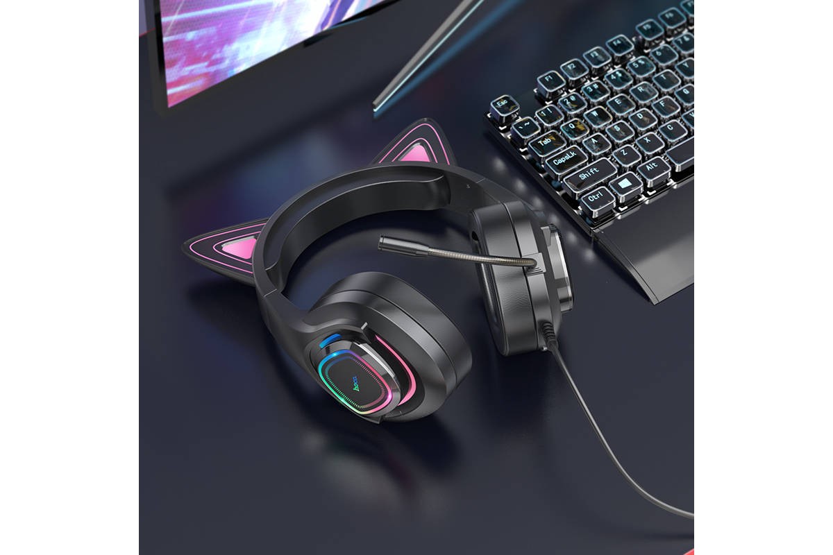 Наушники мониторные проводные HOCO W107 Cute cat luminous cat ear gaming headphones (Phantom Cat)