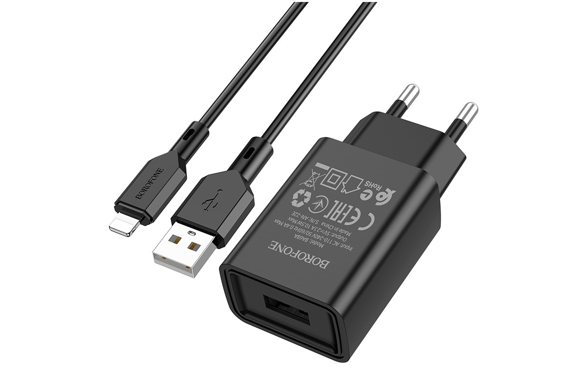 Сетевое зарядное устройство USB 2100mAh + кабель iPhone 5/6/7 BOROFONE BA68A Glacier single port charger set черный