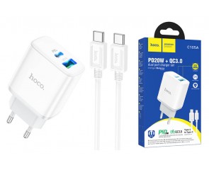 Сетевое зарядное устройство USB+USB-C + кабель Type-C-Type-C HOCO C105A Powerful PD20W + QC3.0 (белый)