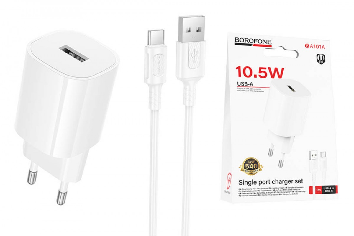 Сетевое зарядное устройство USB + кабель Type-C BOROFONE BA101A Pudding 2100 mAh белый