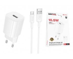 Сетевое зарядное устройство USB + кабель Type-C BOROFONE BA101A Pudding 2100 mAh белый