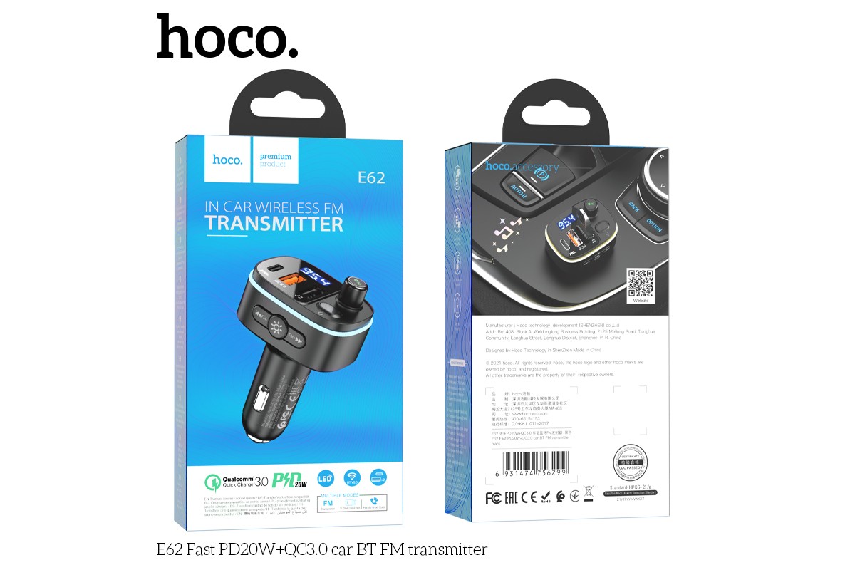 USB MP3 плеер +FM трансмиттер с диспл. HOCO E62 Fast PD20W+QC3.0 car BT FM transmitter