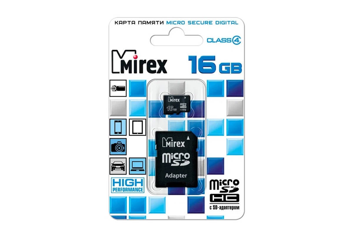Карта памяти microSDHC MIREX 16 GB (class 4) с адаптером (13613-ADTMSD16)