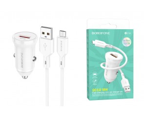 Автомобильное зарядное устройство АЗУ USB + кабель MicroUSB BOROFONE BZ18 QC3.0 (белый)