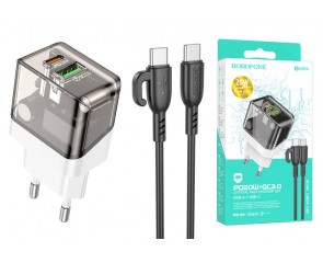 Сетевое зарядное устройство USB+USB-C + кабель Type-C-Type-C BOROFONE BA80A Powerful PD20W + QC3.0 (прозрачный)