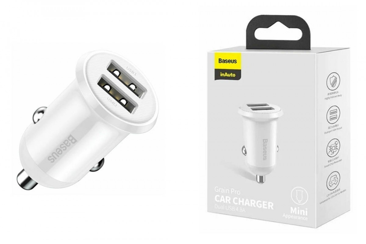 Автомобильное зарядное устройство BASEUS Grain Pro, 2*USB, 4.8A, белый