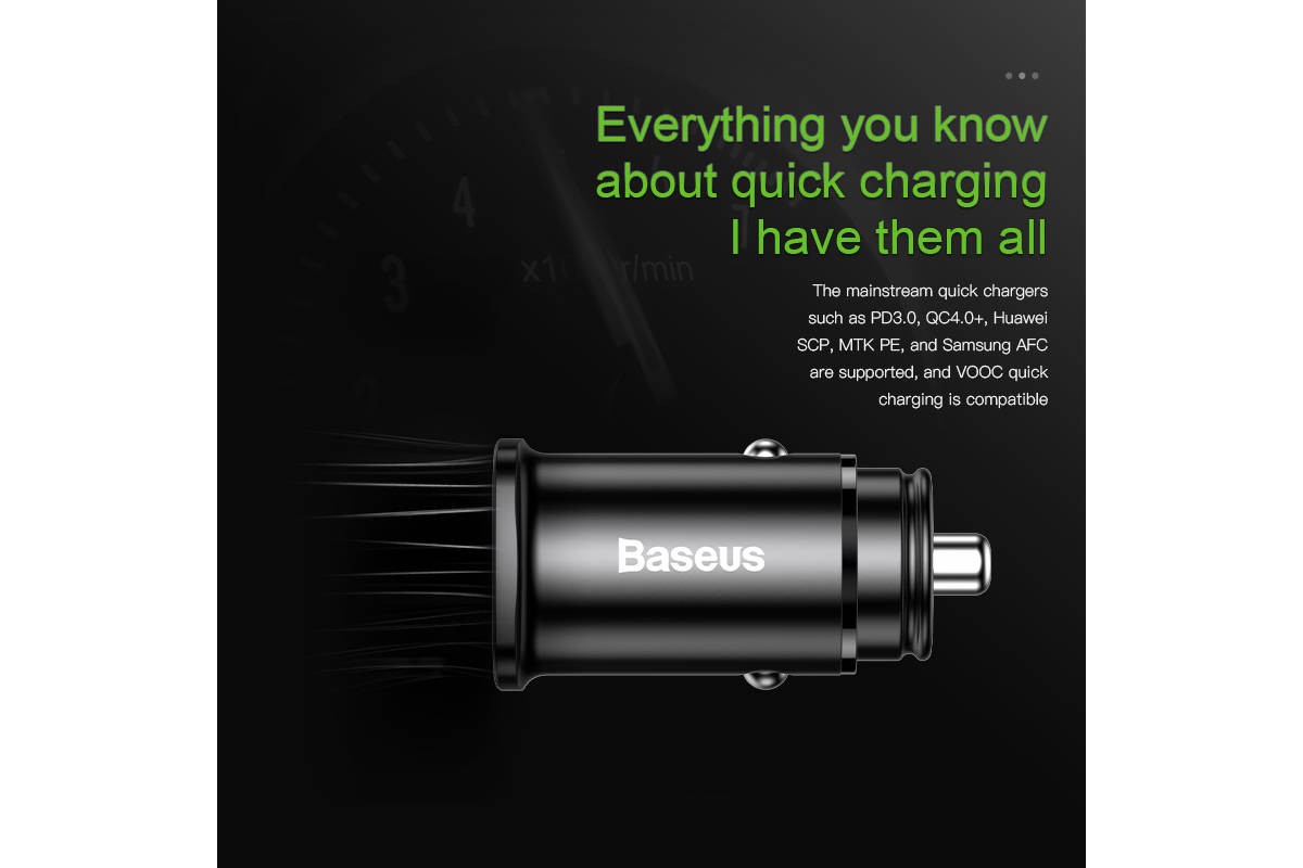 Автомобильное зарядное устройство BASEUS Square metal, USB+USB-C, 5A, 30 Вт, черный, быстрая зарядка